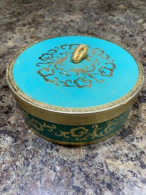 Antique Bathroom Powder Box, Blue and Gold, Sears Roebuck, NO POWDER